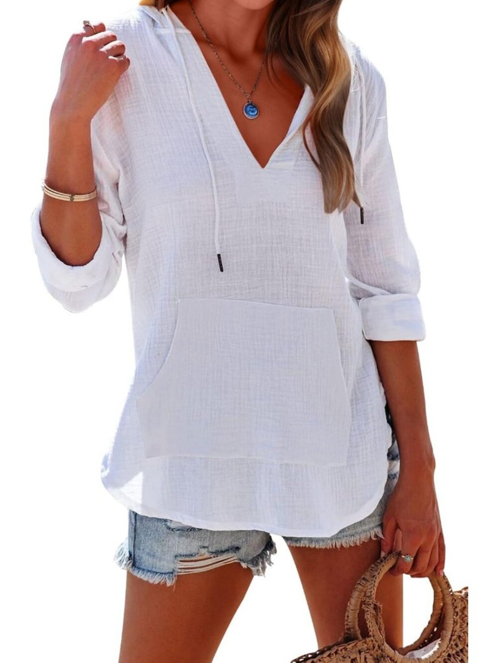 Chic Women's Hooded Beach Cover-Up Sweatshirt with Pockets, Long Sleeve V-Neck